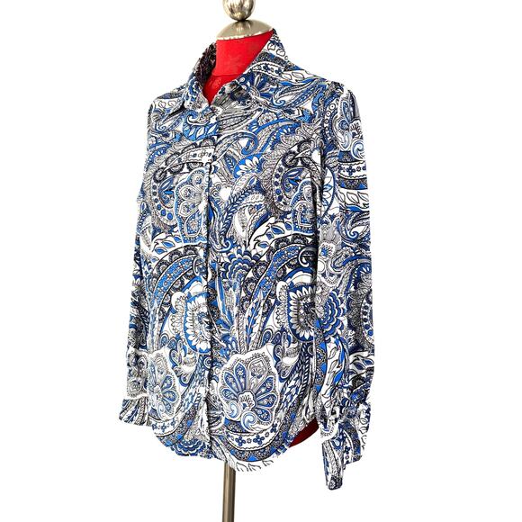 Long Sleeve blue white black paisley blouse shirt top M classic button front - Picture 2 of 8